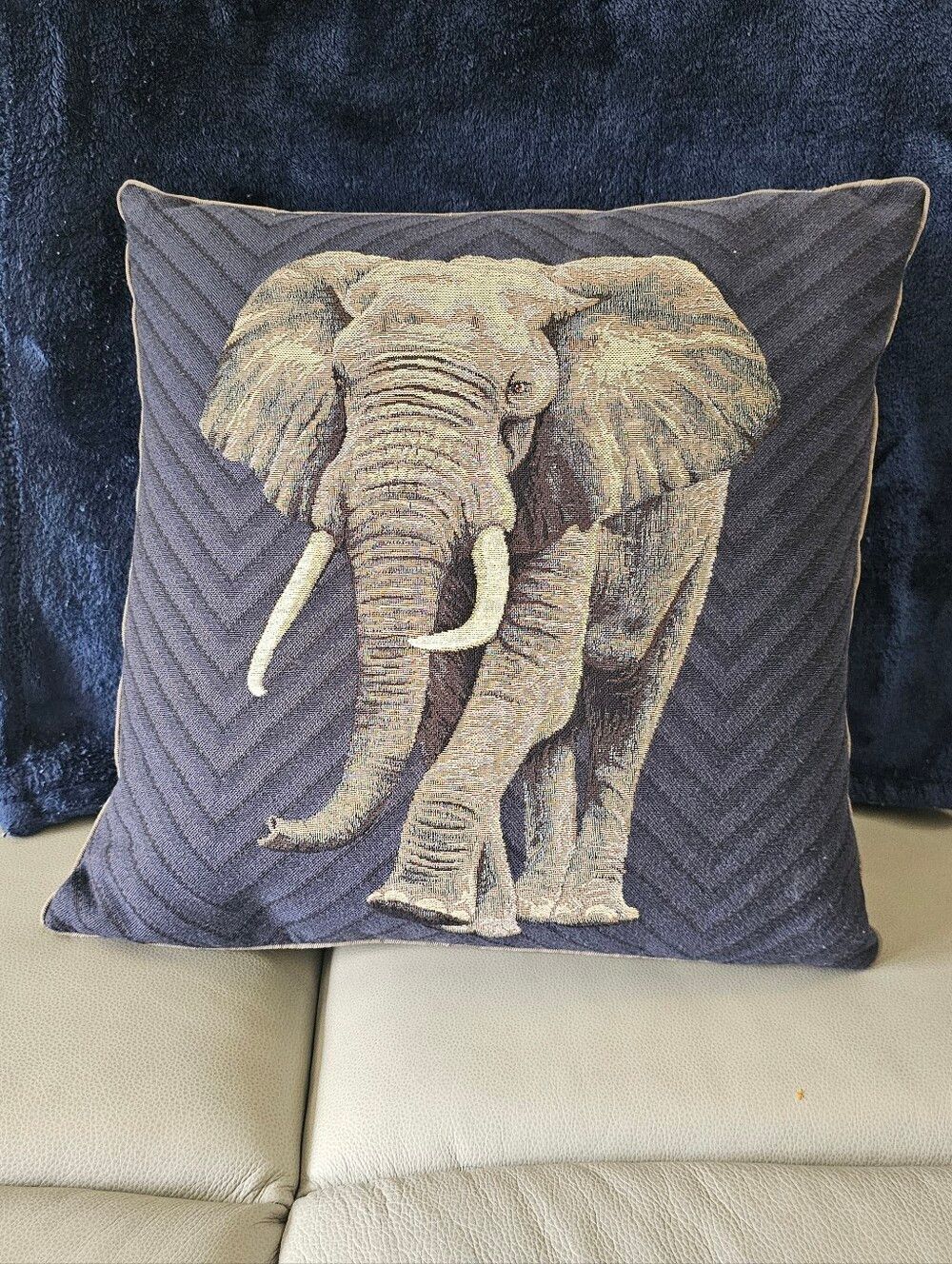 IOSIS Paris Elephant Throw Pillow in Navy/Gray Intricate Tapestry 17x17 France